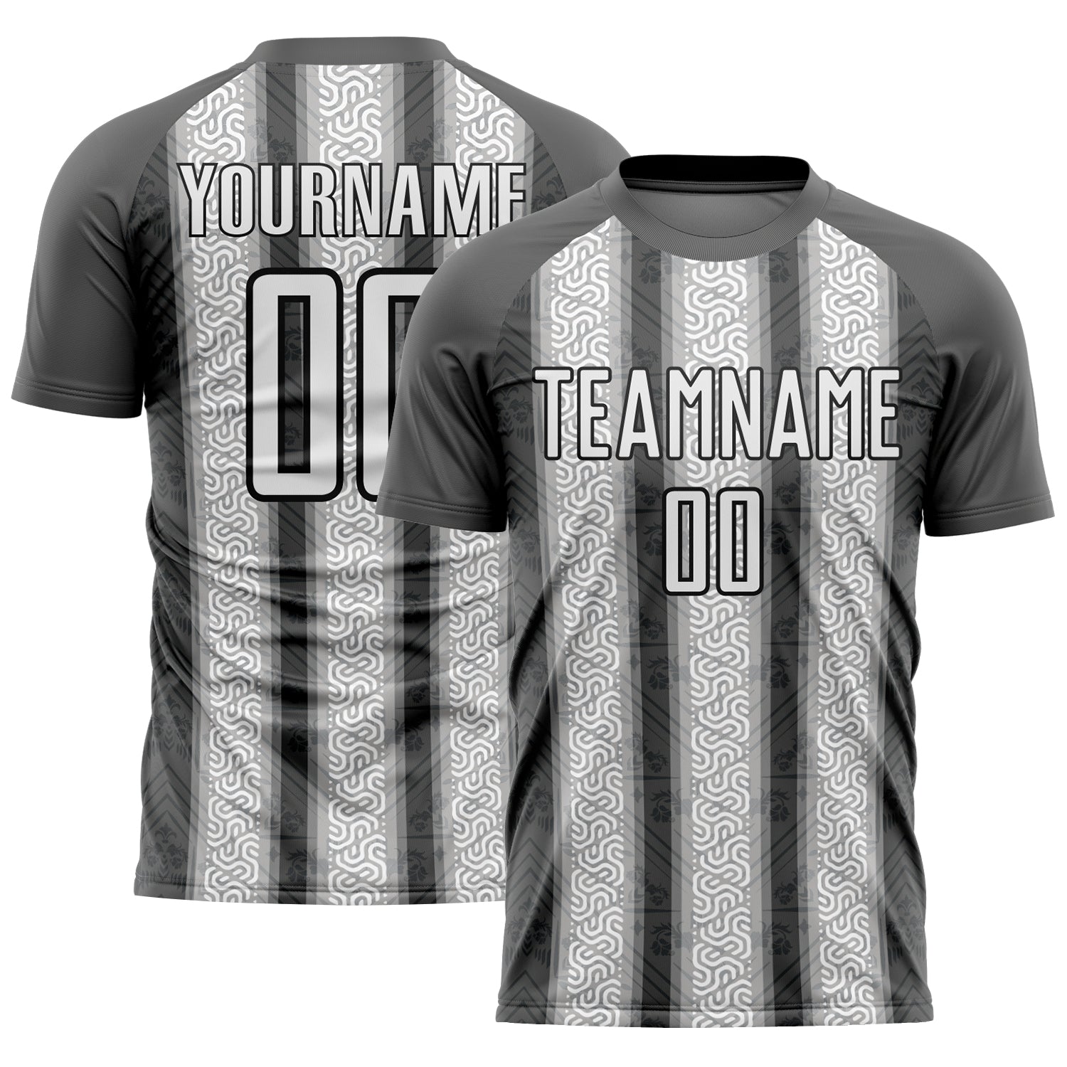 Custom Steel Gray White-Black Ethnic Stripes Sublimation Soccer Uniform Jersey - Main View