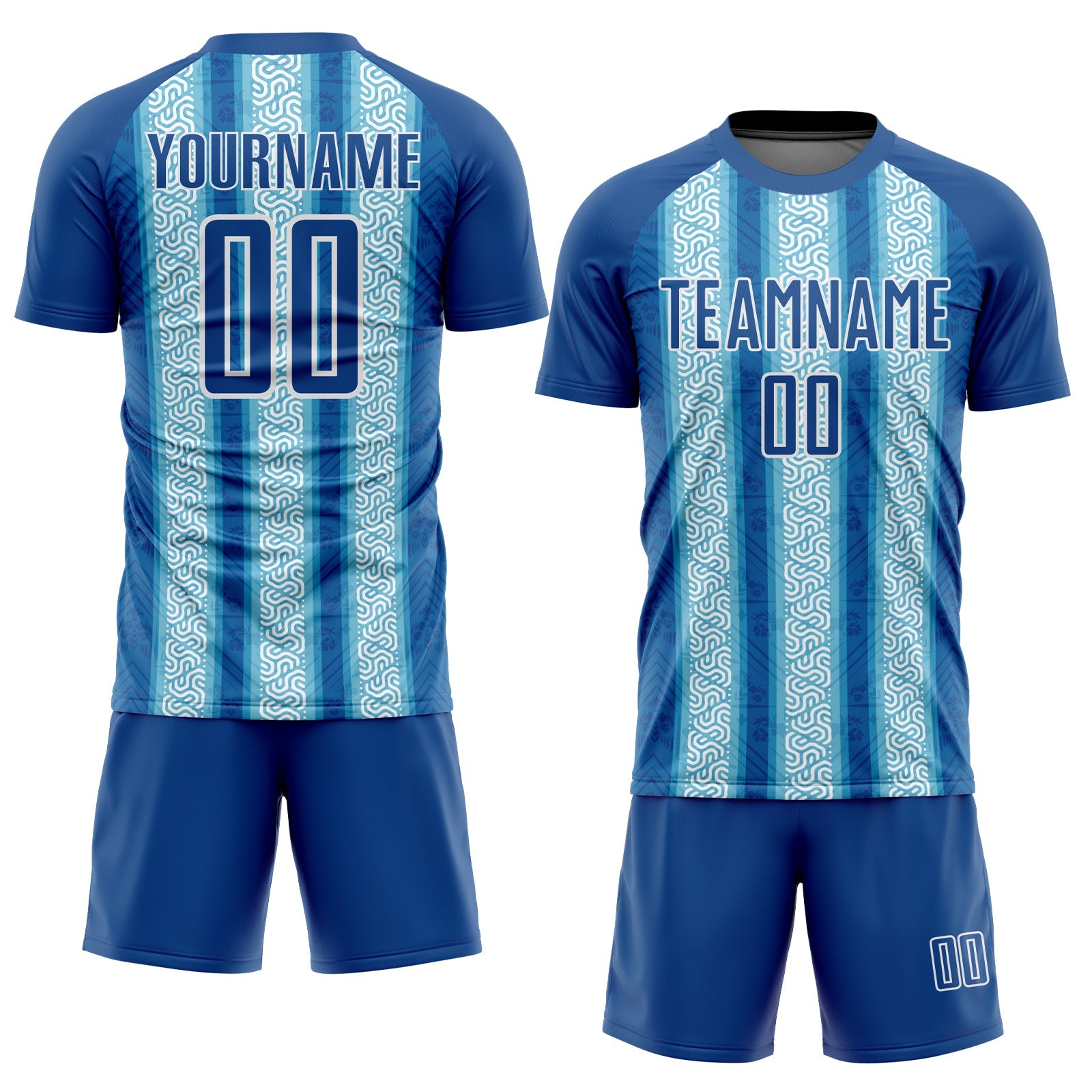 Custom Blue Light Blue-White Ethnic Stripes Sublimation Soccer Uniform Jersey view 2