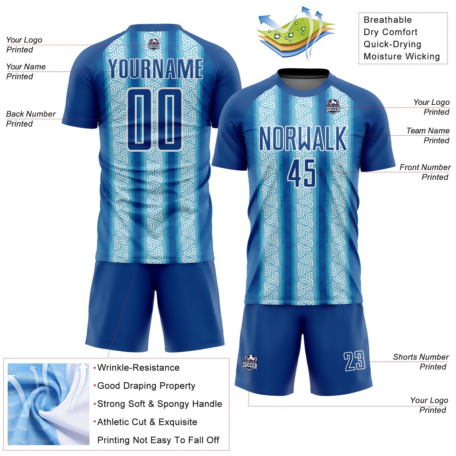 Custom Blue Light Blue-White Ethnic Stripes Sublimation Soccer Uniform Jersey view 4