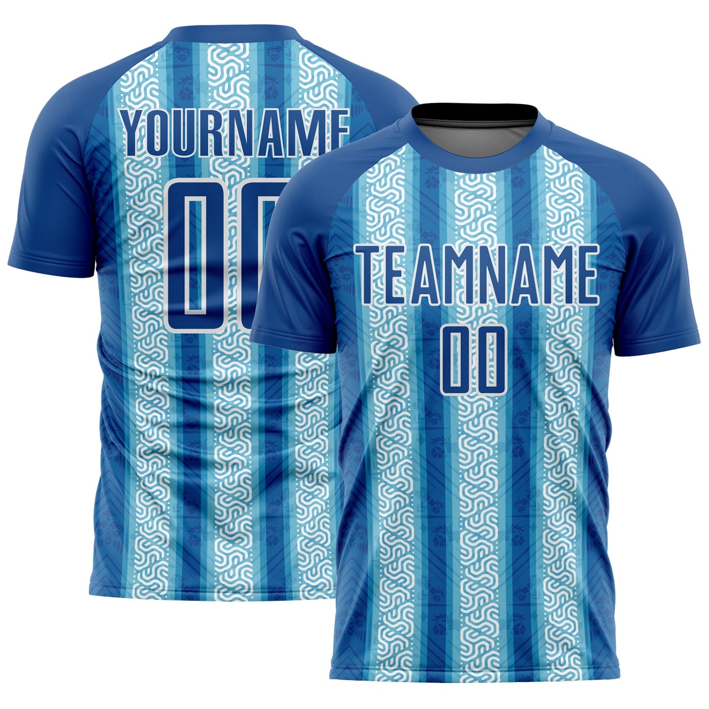 Custom Blue Light Blue-White Ethnic Stripes Sublimation Soccer Uniform Jersey - Main View