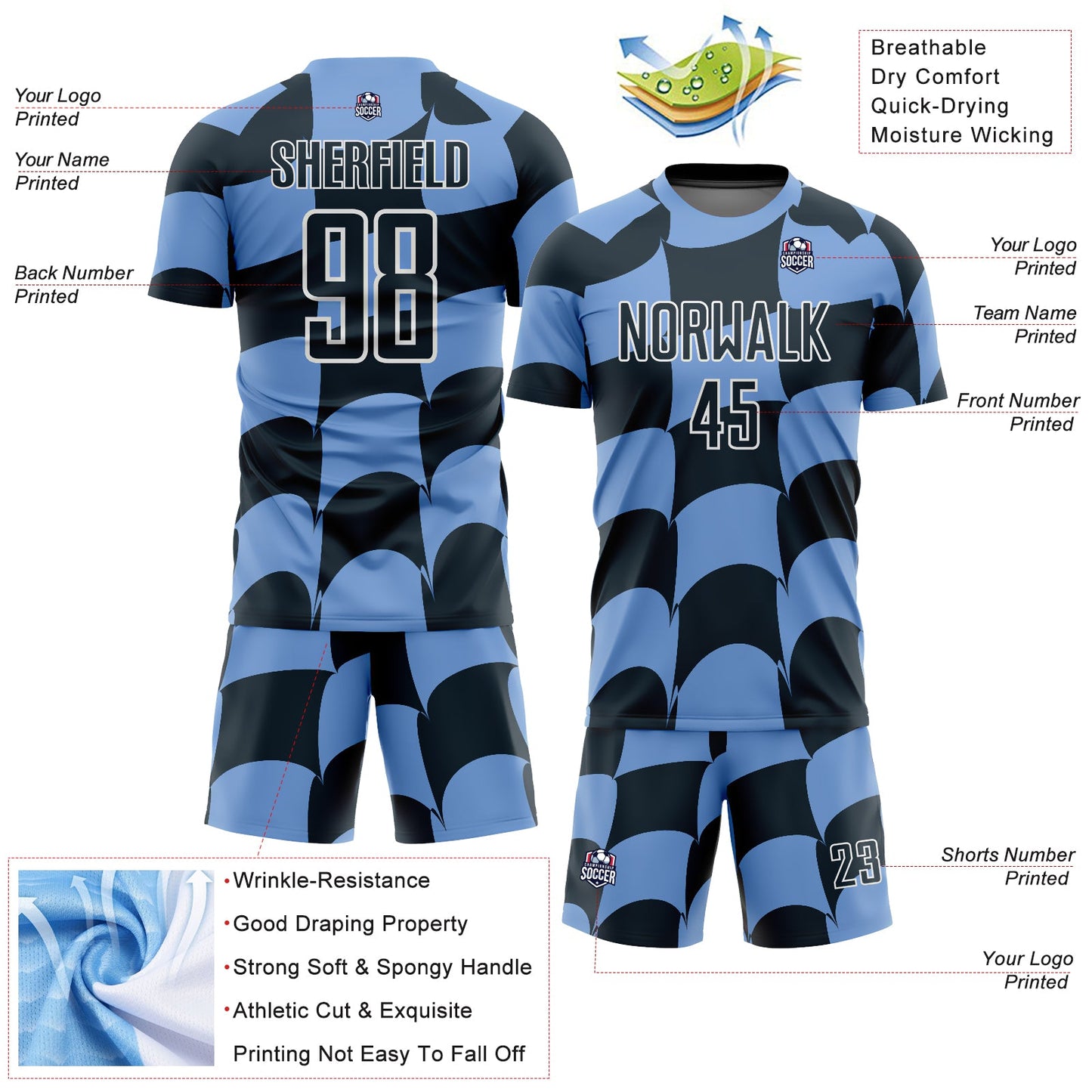 Custom Light Blue Royal-White Plaid Sublimation Soccer Uniform Jersey view 4