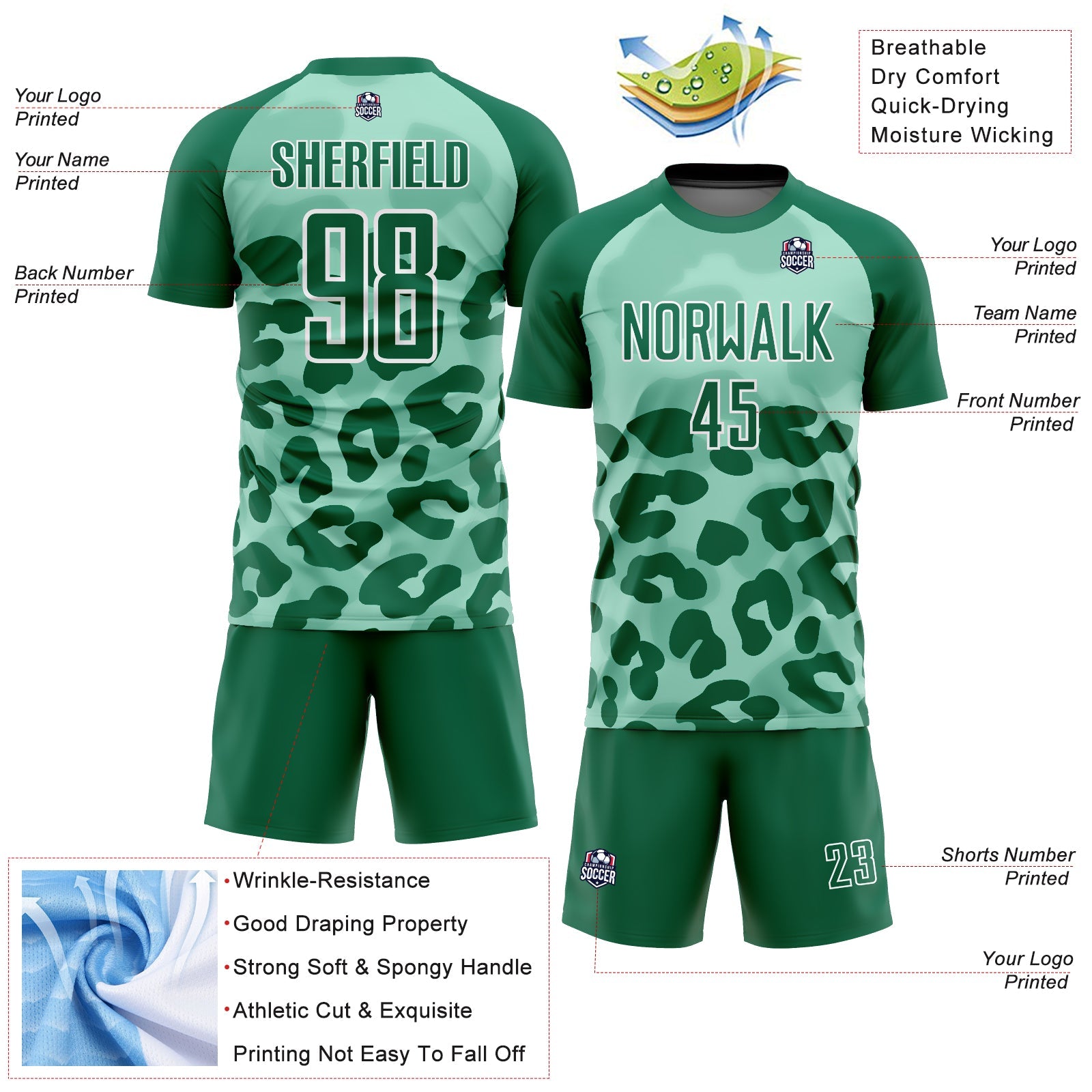 Custom Pea Green Kelly Green-White Animal Print Sublimation Soccer Uniform Jersey view 4