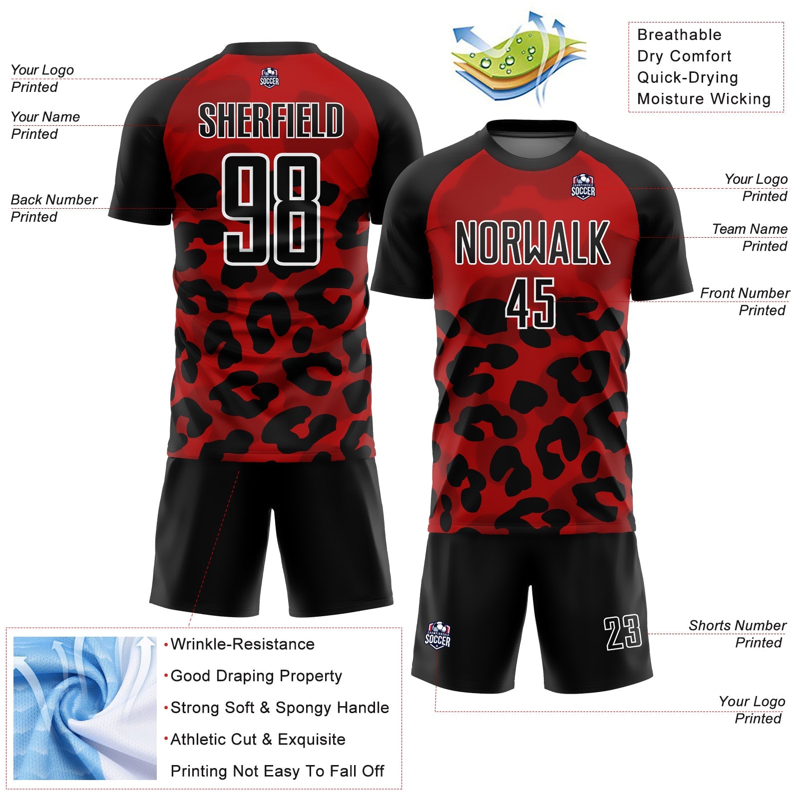 Custom Red Black-White Animal Print Sublimation Soccer Uniform Jersey view 4