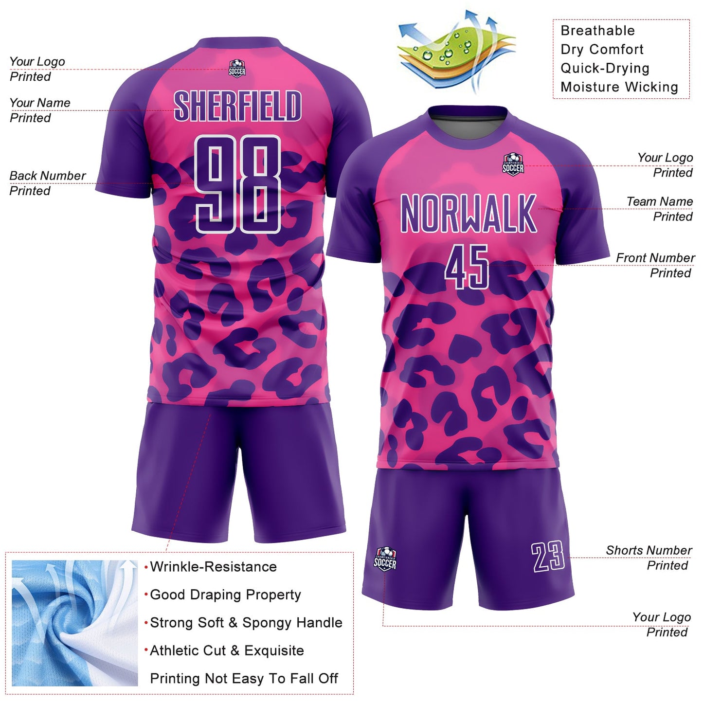 Custom Pink Purple-White Animal Print Sublimation Soccer Uniform Jersey view 4