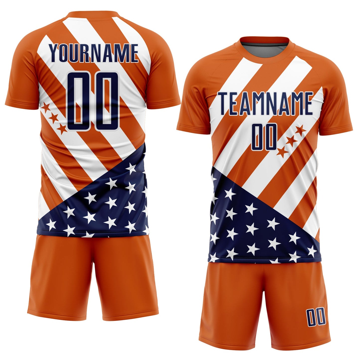 Custom Bay Orange Navy-White Vintage American Flag Sublimation Soccer Uniform Jersey view 2