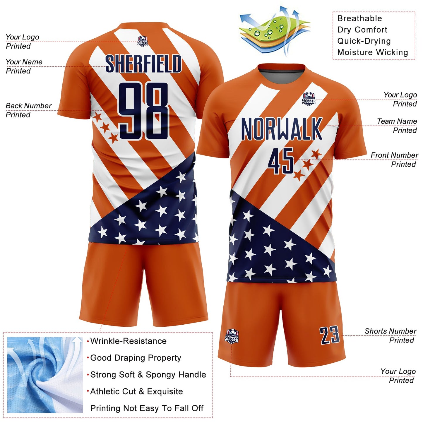 Custom Bay Orange Navy-White Vintage American Flag Sublimation Soccer Uniform Jersey view 4