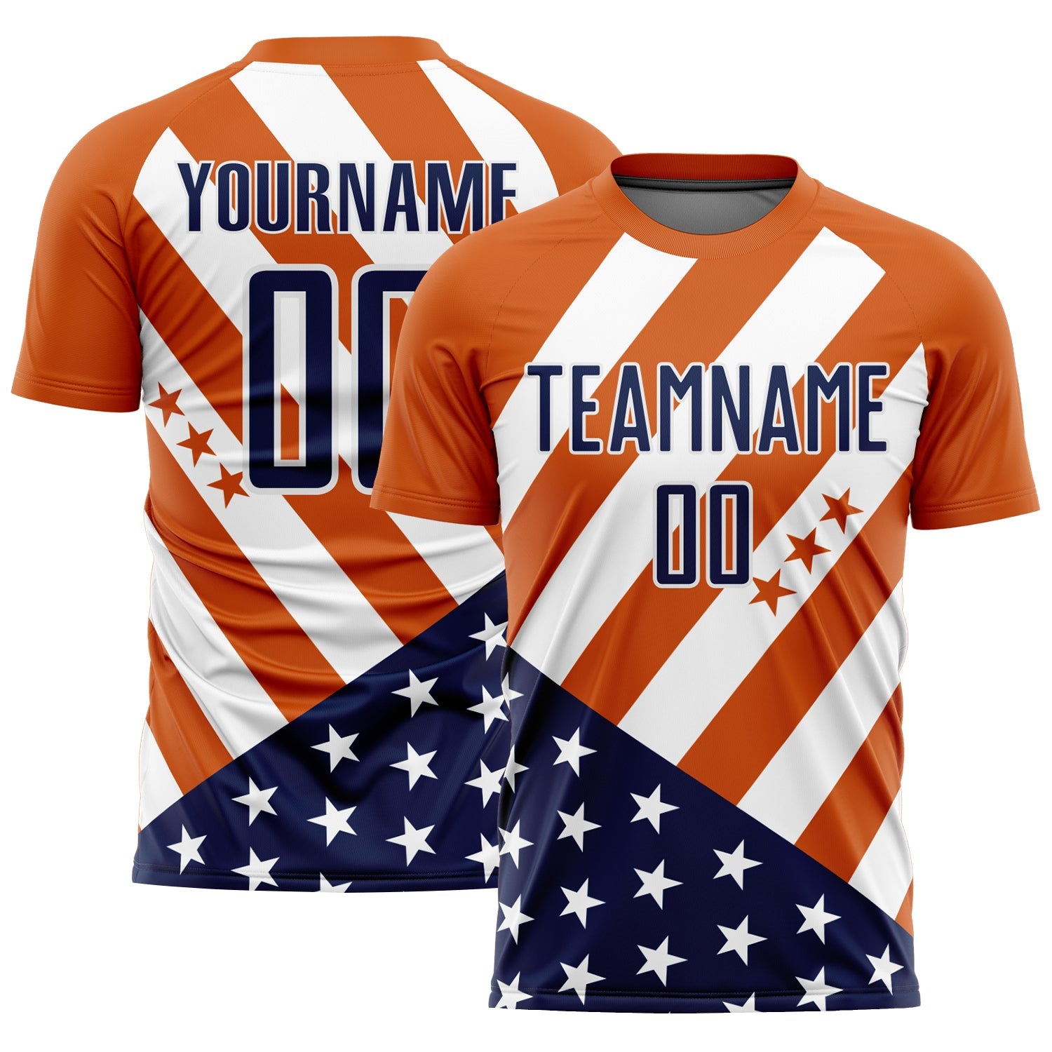 Custom Bay Orange Navy-White Vintage American Flag Sublimation Soccer Uniform Jersey - Main View