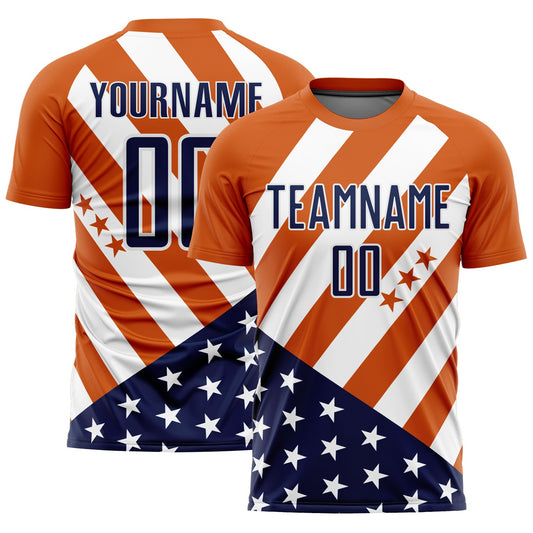 Custom Bay Orange Navy-White Vintage American Flag Sublimation Soccer Uniform Jersey - Main View