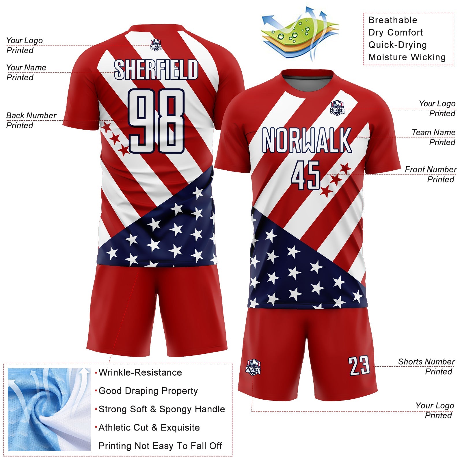 Custom Red White-Navy Vintage American Flag Sublimation Soccer Uniform Jersey view 4