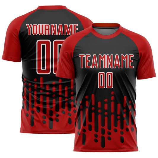 Custom Red Black-White Abstract Fluid Wave Sublimation Soccer Uniform Jersey - Main View