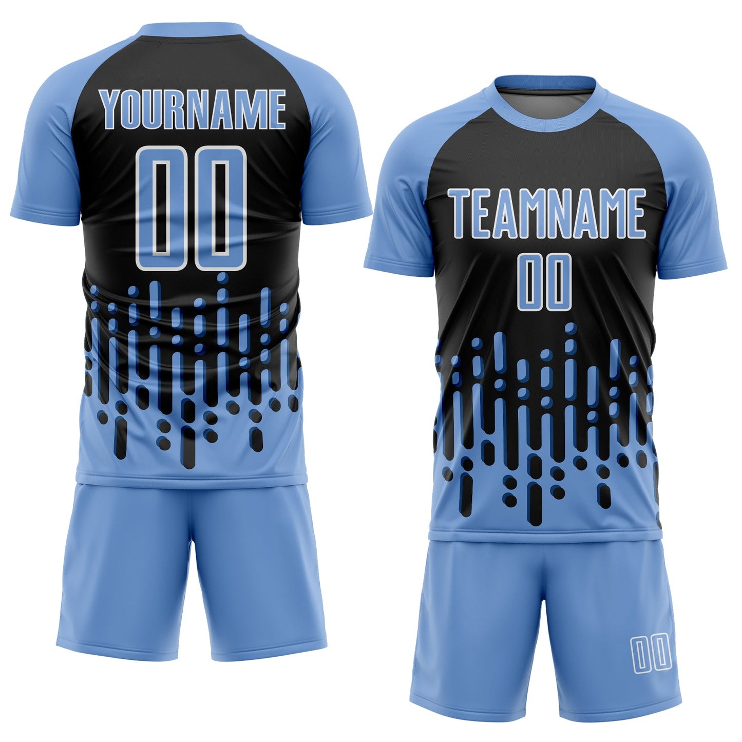 Custom Light Blue Black-White Abstract Fluid Wave Sublimation Soccer Uniform Jersey view 2