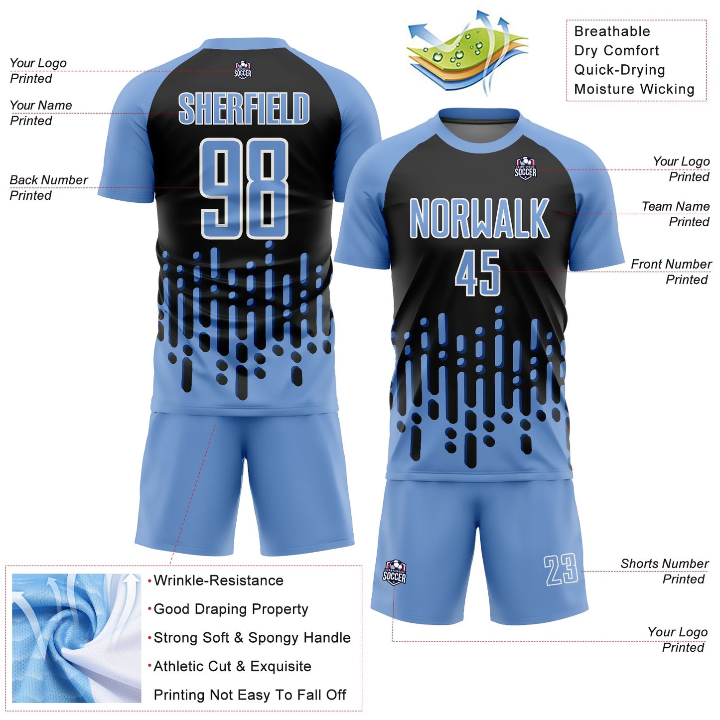 Custom Light Blue Black-White Abstract Fluid Wave Sublimation Soccer Uniform Jersey view 4