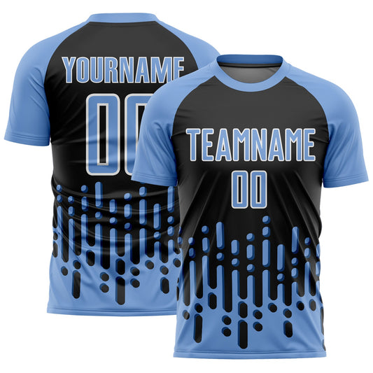 Custom Light Blue Black-White Abstract Fluid Wave Sublimation Soccer Uniform Jersey - Main View