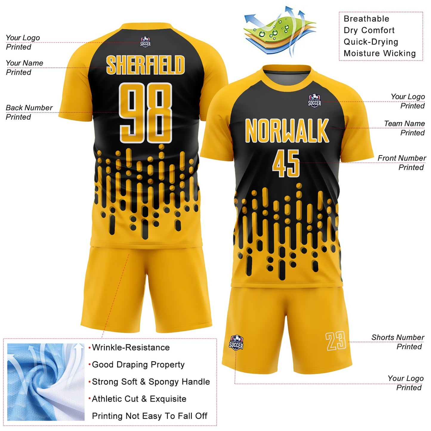 Custom Gold Black-White Abstract Fluid Wave Sublimation Soccer Uniform Jersey view 4