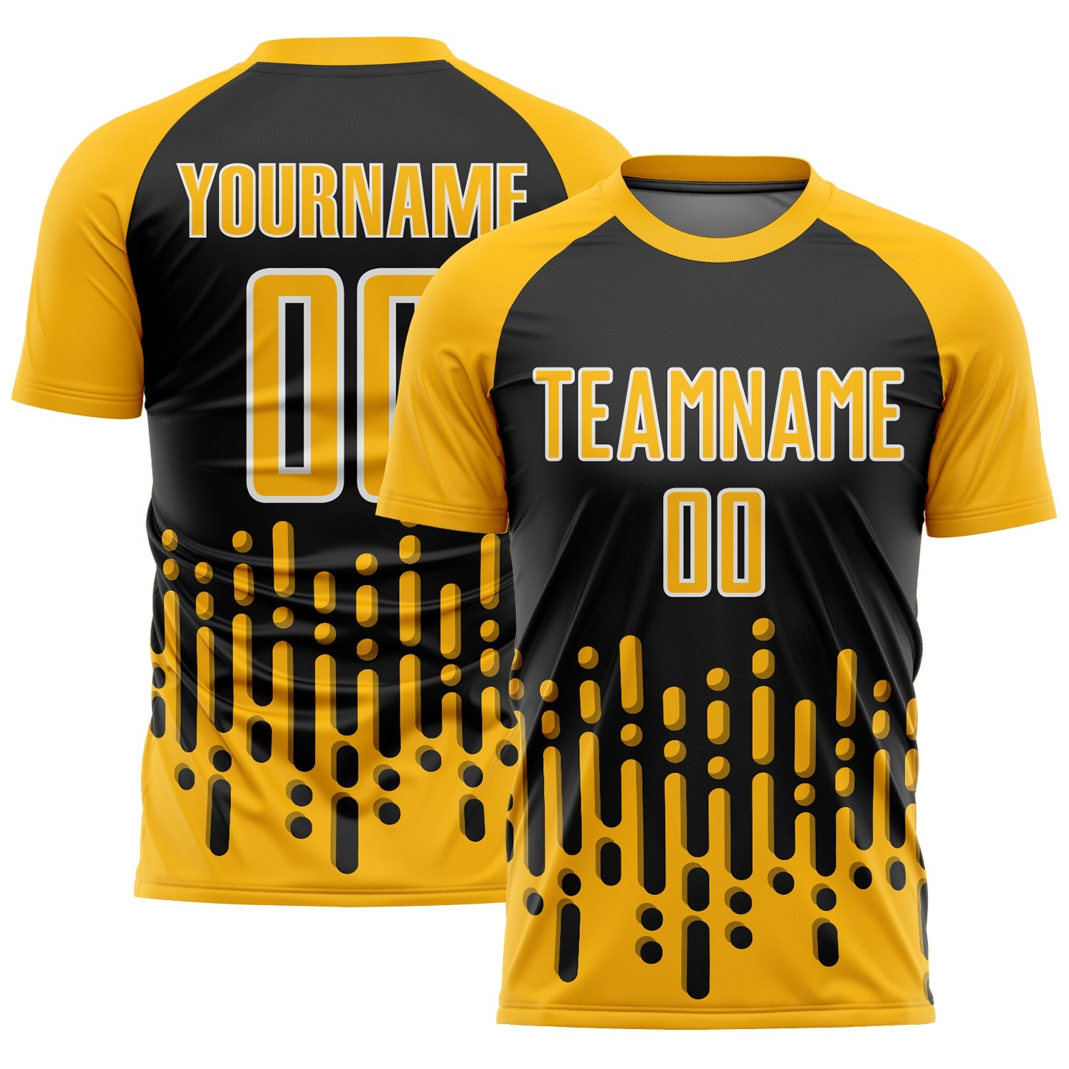 Custom Gold Black-White Abstract Fluid Wave Sublimation Soccer Uniform Jersey - Main View