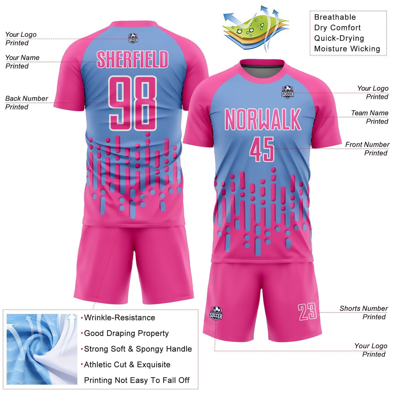 Custom Pink Light Blue-White Abstract Fluid Wave Sublimation Soccer Uniform Jersey view 4
