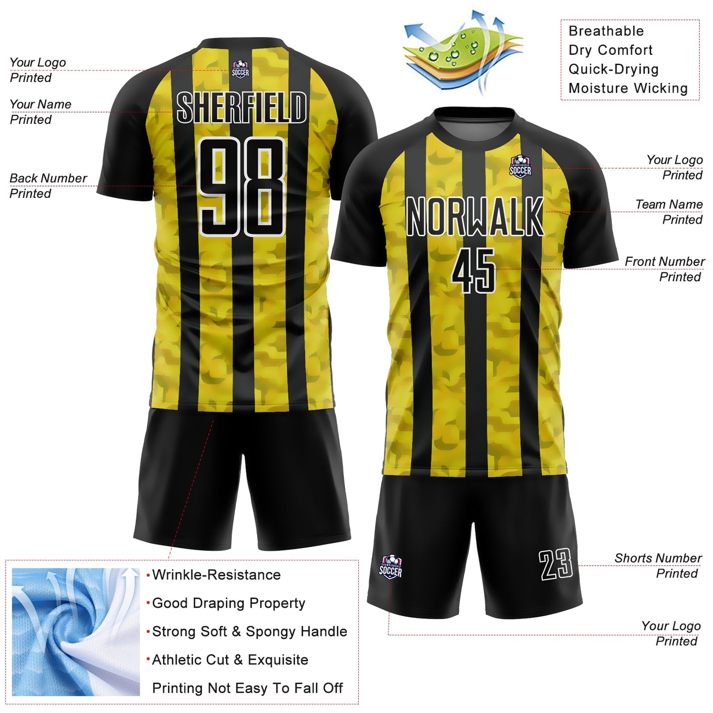 Custom Black Yellow-White Sublimation Soccer Uniform Jersey view 4