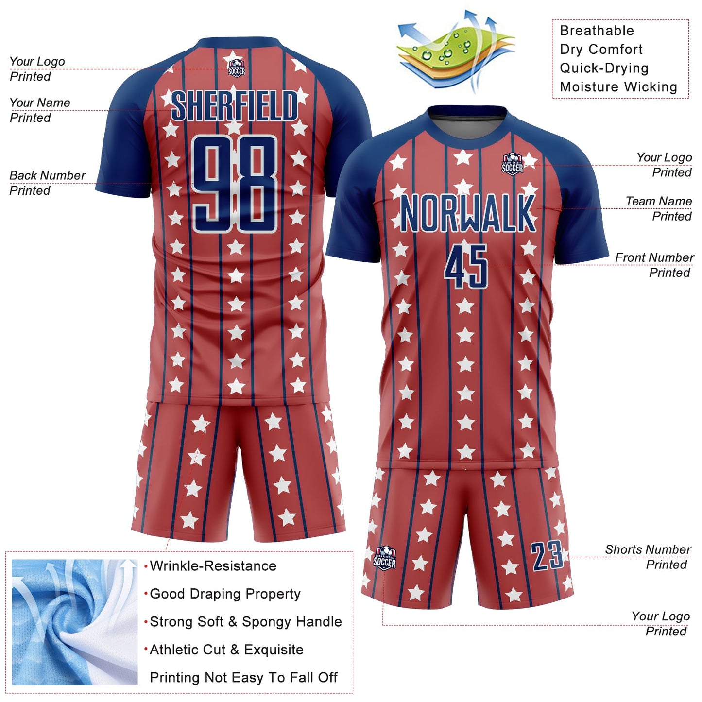 Custom Red Royal-White Stars And Stripes Sublimation Soccer Uniform Jersey view 4