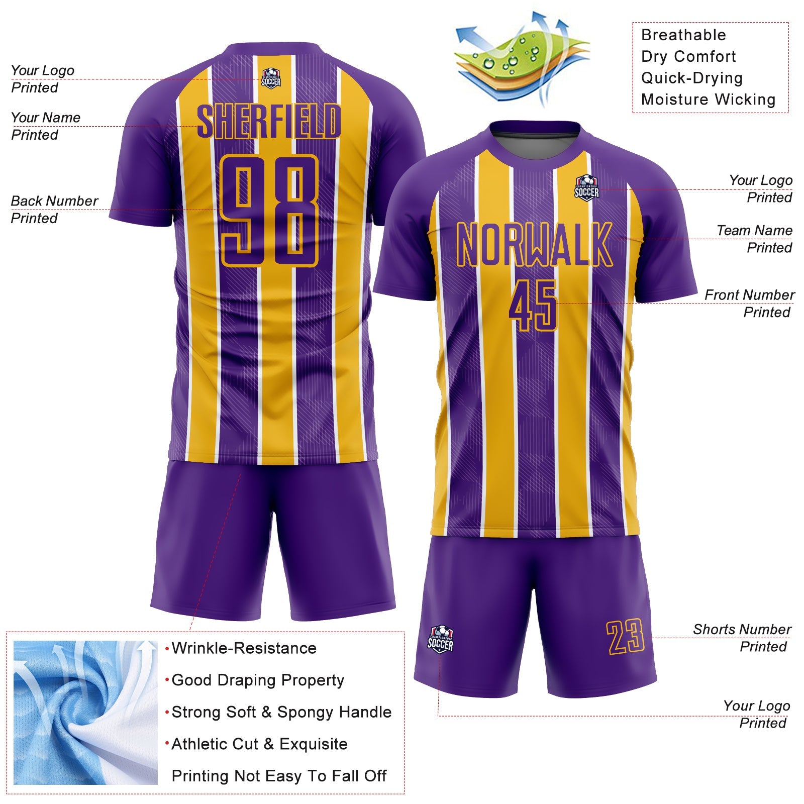 Custom Purple Gold-White Stripes Sublimation Soccer Uniform Jersey view 4