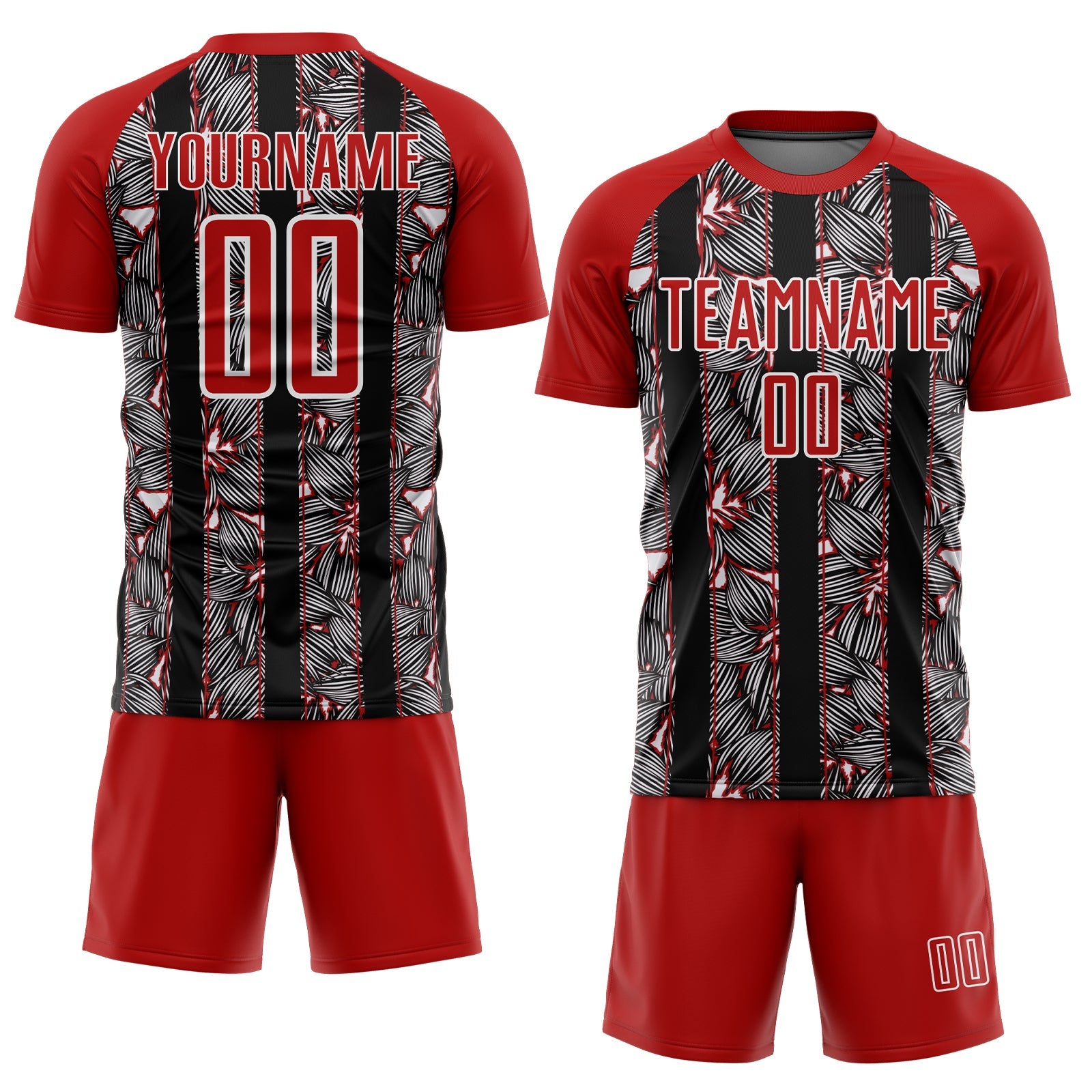 Custom Red Black-White Flowers Sublimation Soccer Uniform Jersey view 2