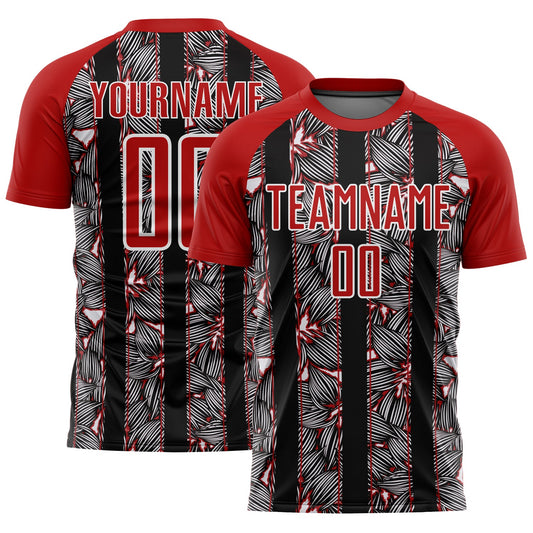 Custom Red Black-White Flowers Sublimation Soccer Uniform Jersey - Main View