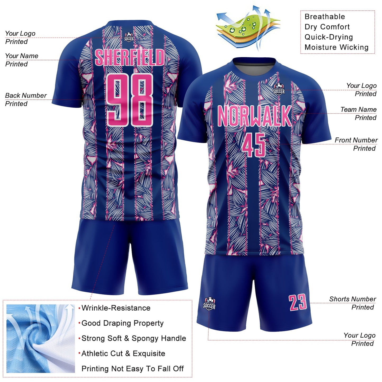 Custom Royal Pink-White Flowers Sublimation Soccer Uniform Jersey view 4