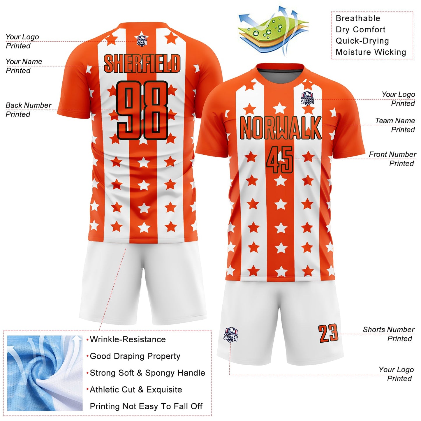 Custom Orange Black-White Stars And Stripes Sublimation Soccer Uniform Jersey view 4
