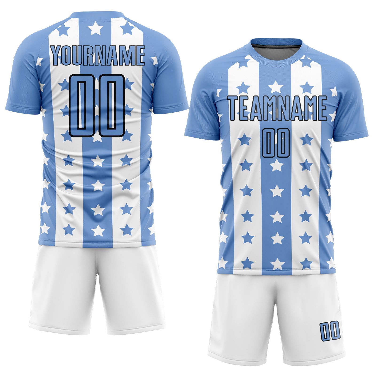 Custom Light Blue Black-White Stars And Stripes Sublimation Soccer Uniform Jersey view 2
