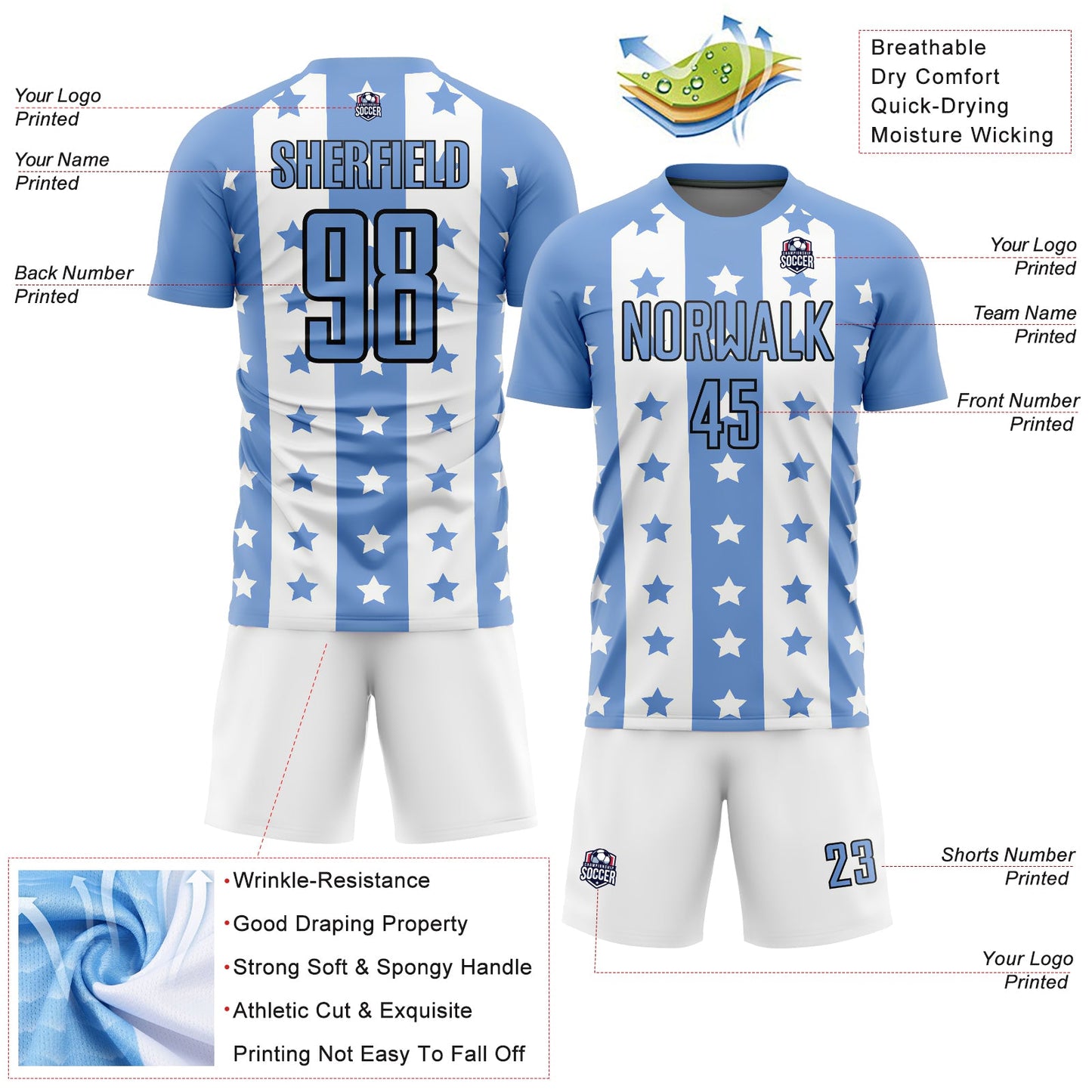 Custom Light Blue Black-White Stars And Stripes Sublimation Soccer Uniform Jersey view 4