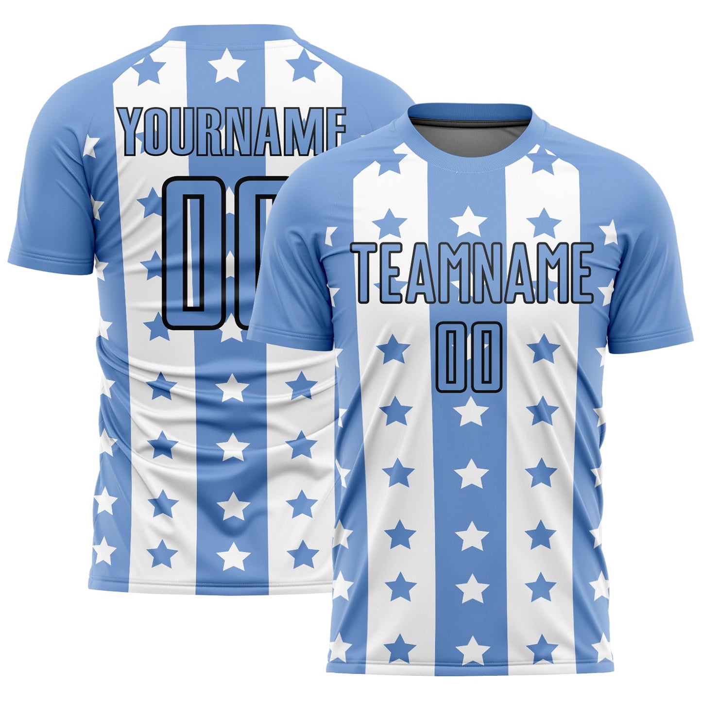 Custom Light Blue Black-White Stars And Stripes Sublimation Soccer Uniform Jersey - Main View
