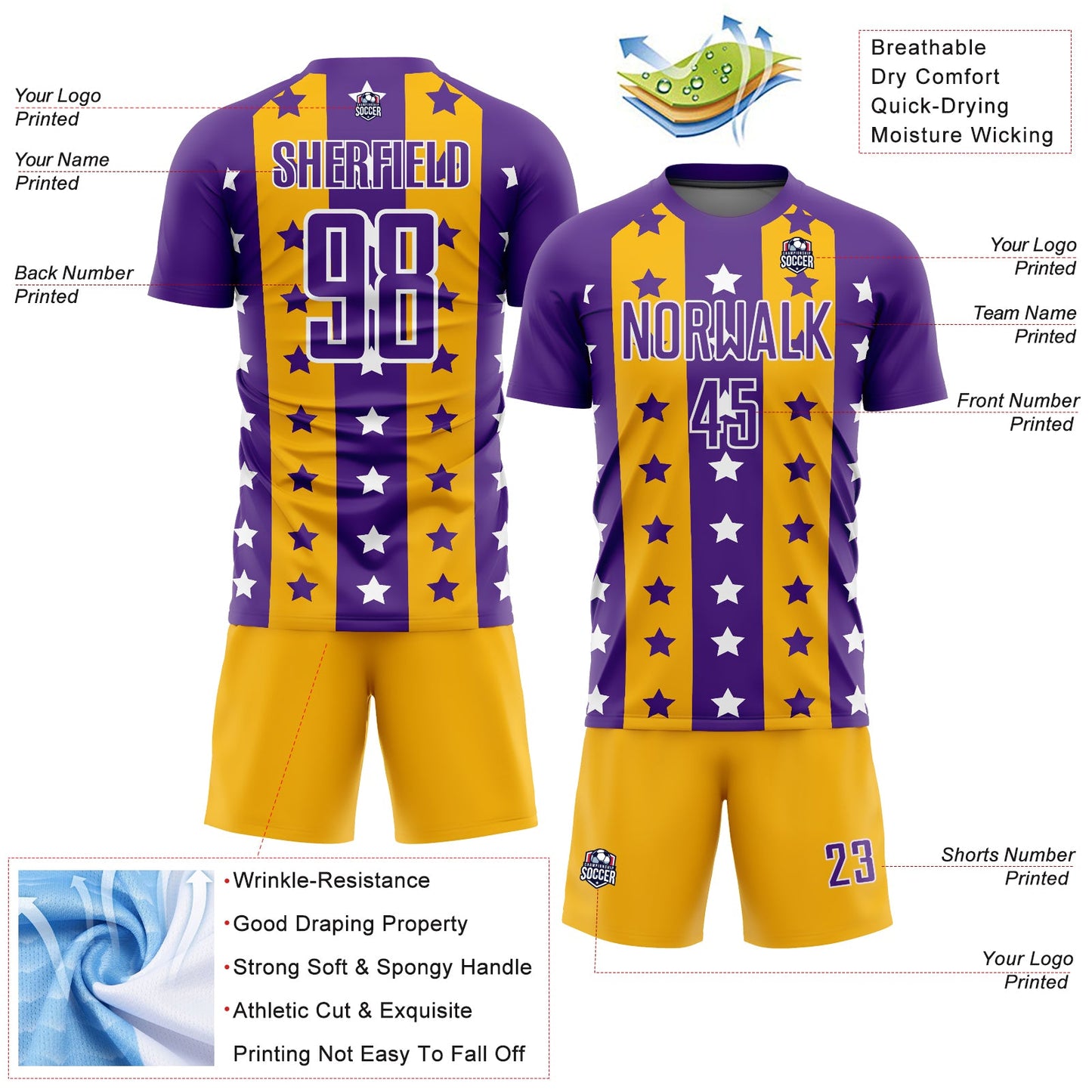 Custom Purple Gold-White Stars And Stripes Sublimation Soccer Uniform Jersey view 4