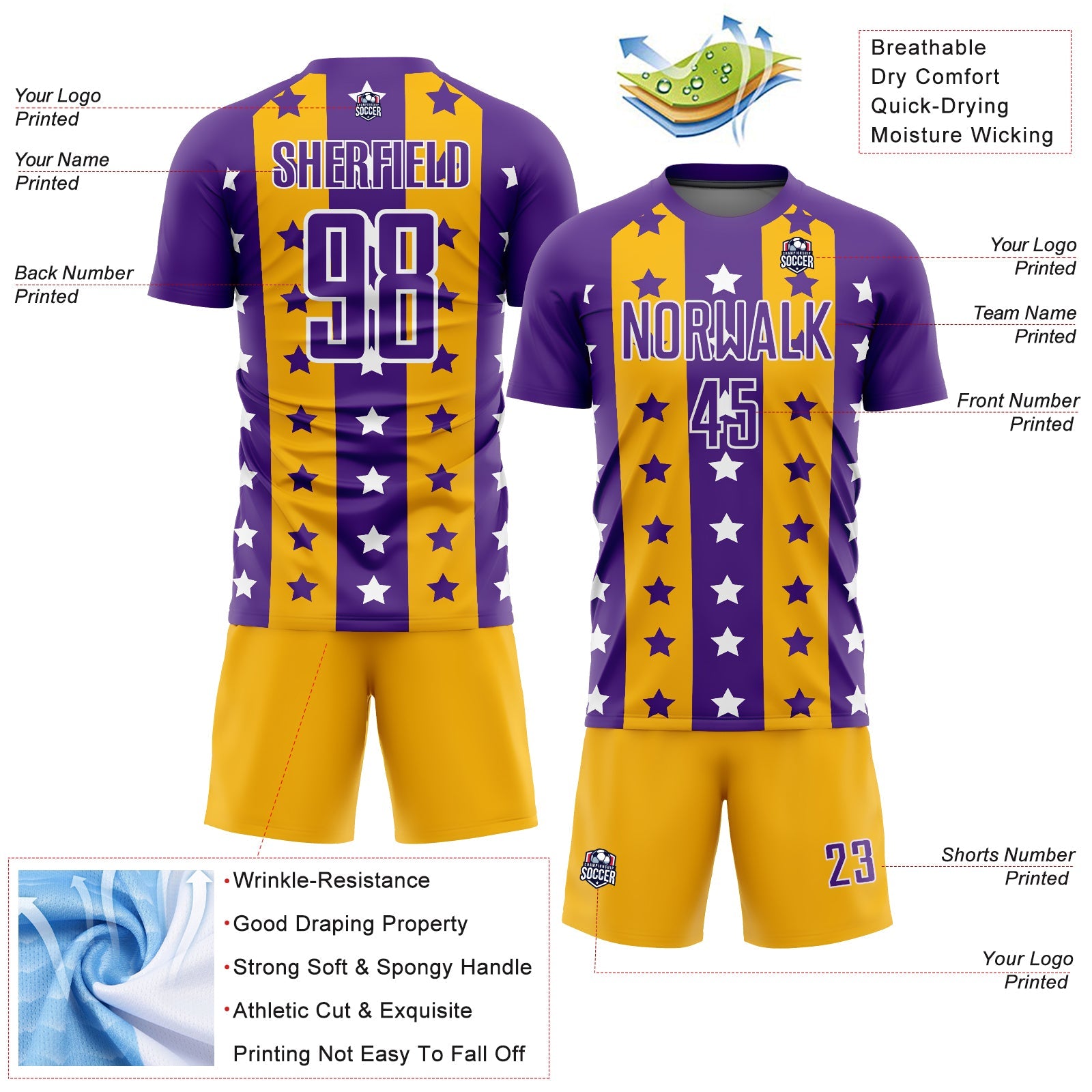 Custom Purple Gold-White Stars And Stripes Sublimation Soccer Uniform Jersey view 4