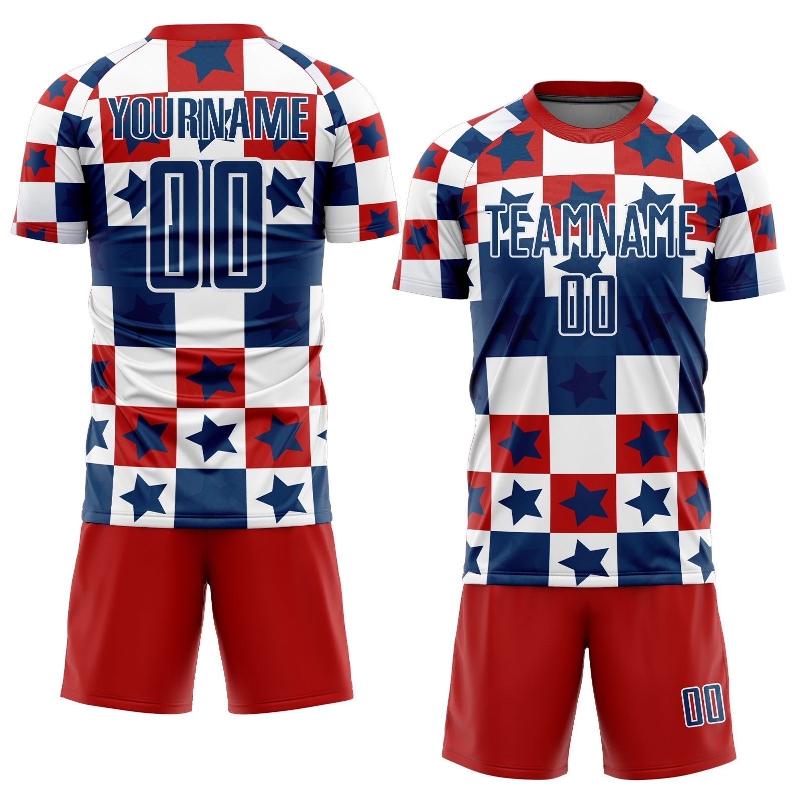 Custom Royal Red-White Stars And Squares Sublimation Soccer Uniform Jersey view 2