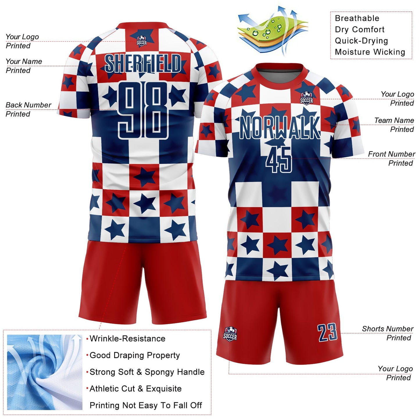 Custom Royal Red-White Stars And Squares Sublimation Soccer Uniform Jersey view 4
