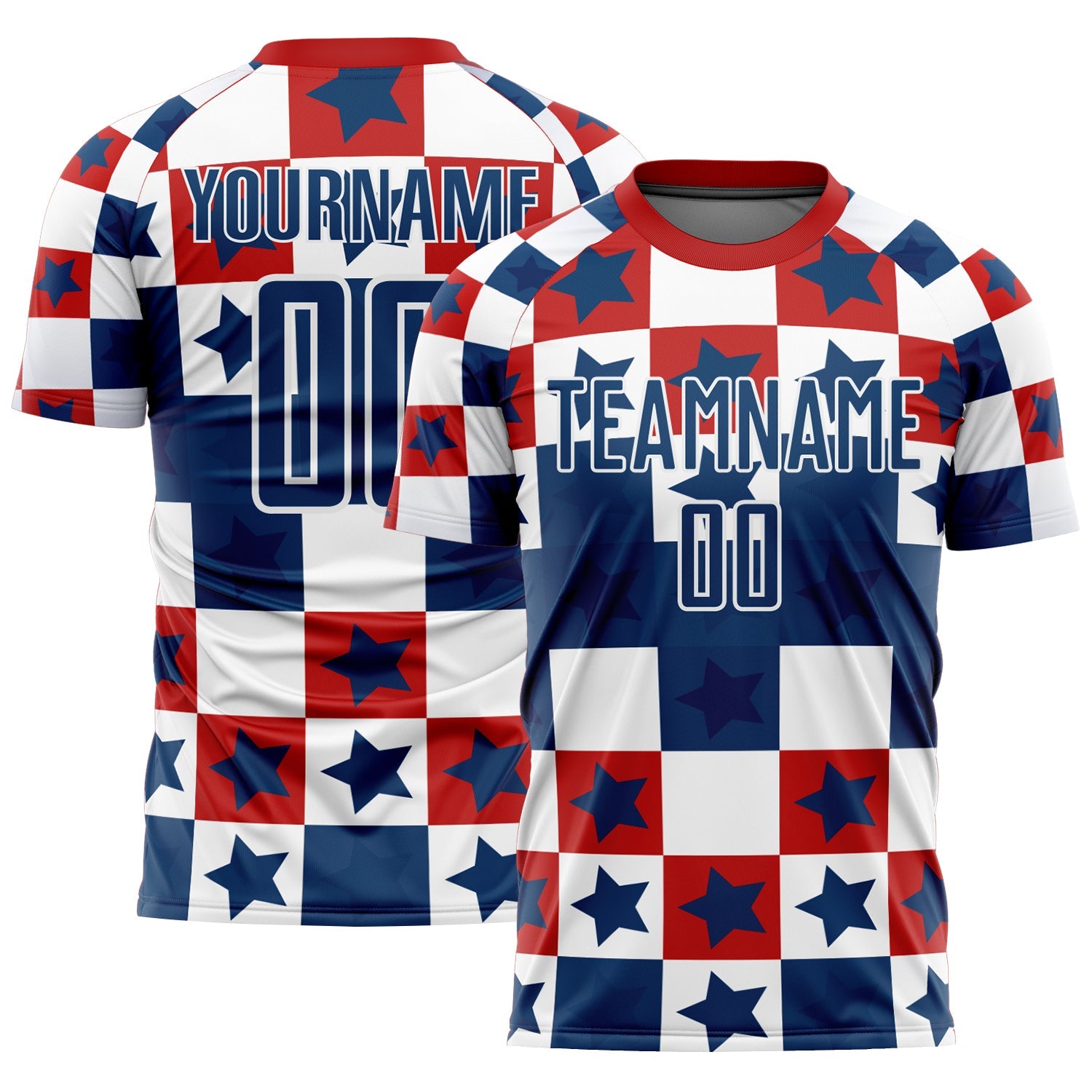 Custom Royal Red-White Stars And Squares Sublimation Soccer Uniform Jersey - Main View