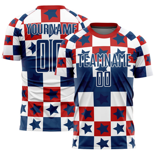Custom Royal Red-White Stars And Squares Sublimation Soccer Uniform Jersey - Main View