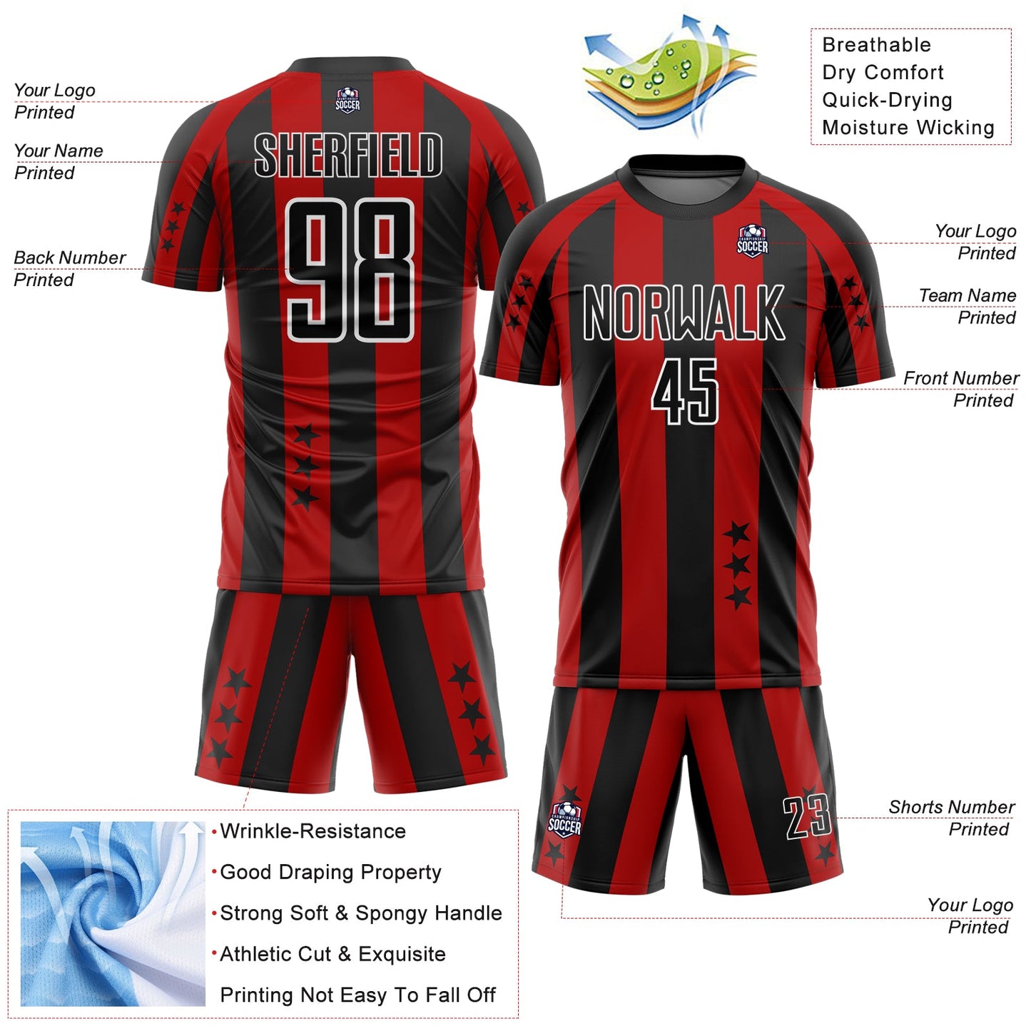 Custom Red Black-White Stars And Stripes Sublimation Soccer Uniform Jersey view 4