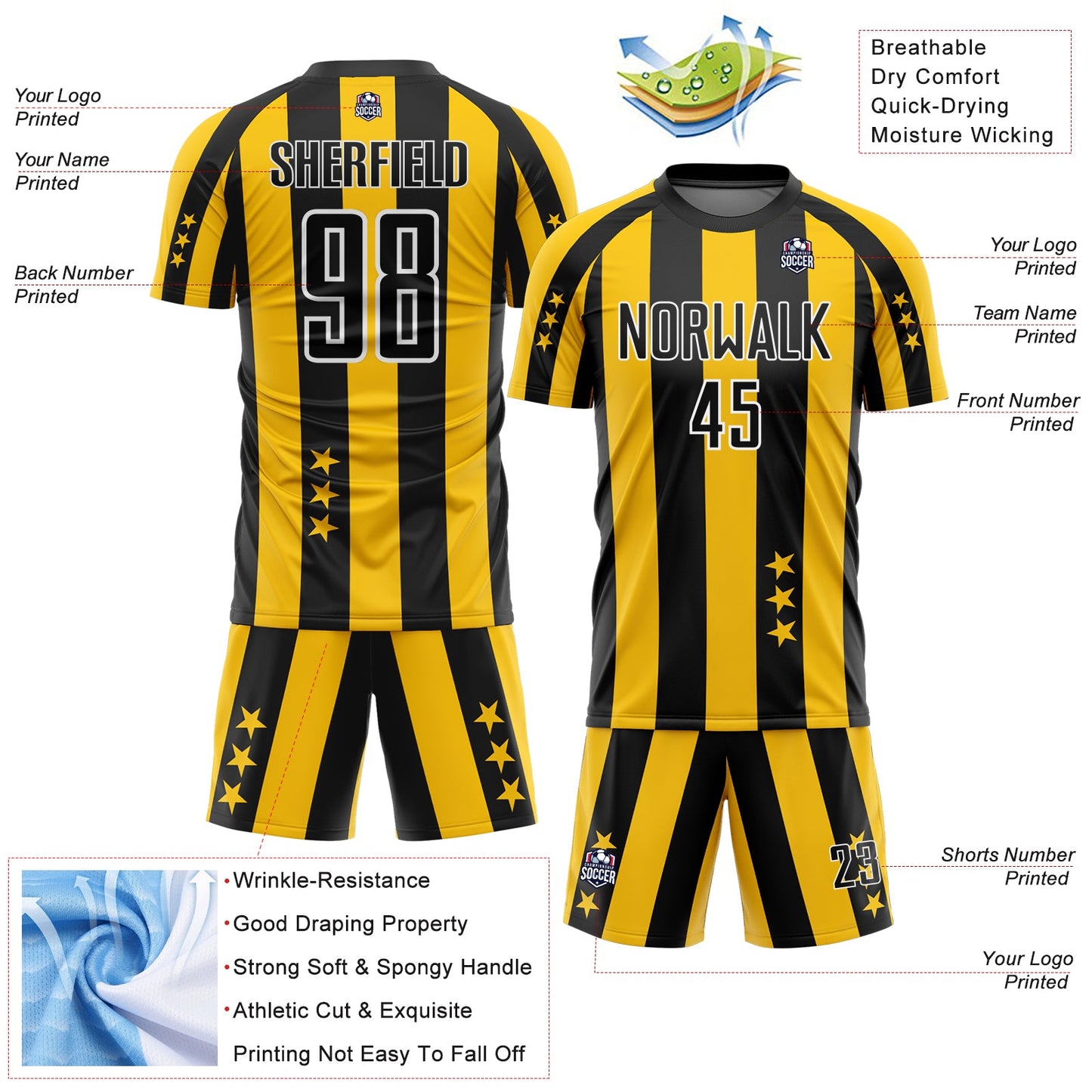 Custom Gold Black-White Stars And Stripes Sublimation Soccer Uniform Jersey view 4