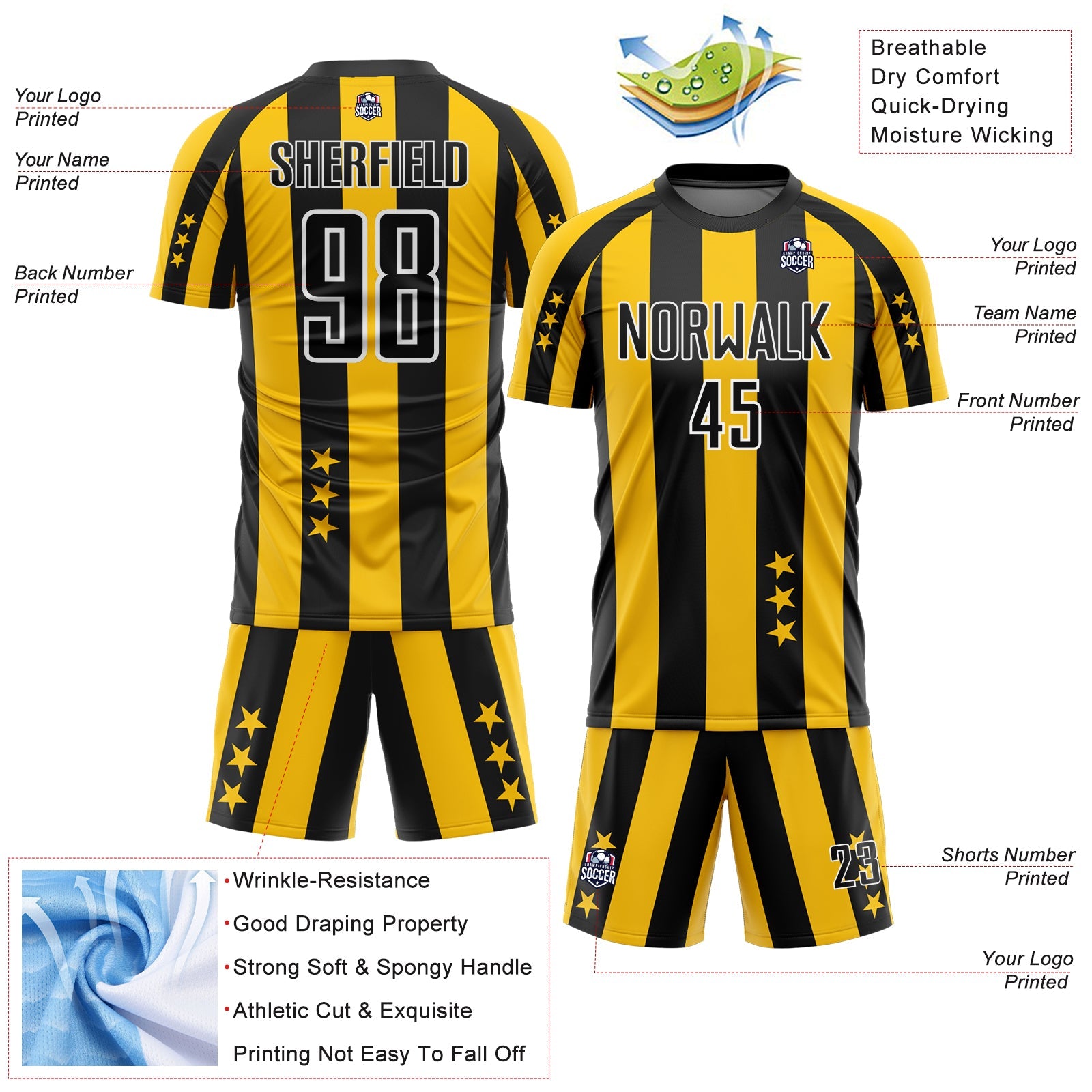 Custom Gold Black-White Stars And Stripes Sublimation Soccer Uniform Jersey view 4