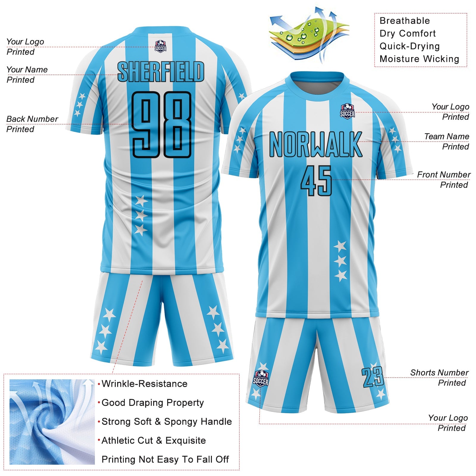 Custom White Sky Blue-Black Stars And Stripes Sublimation Soccer Uniform Jersey view 4