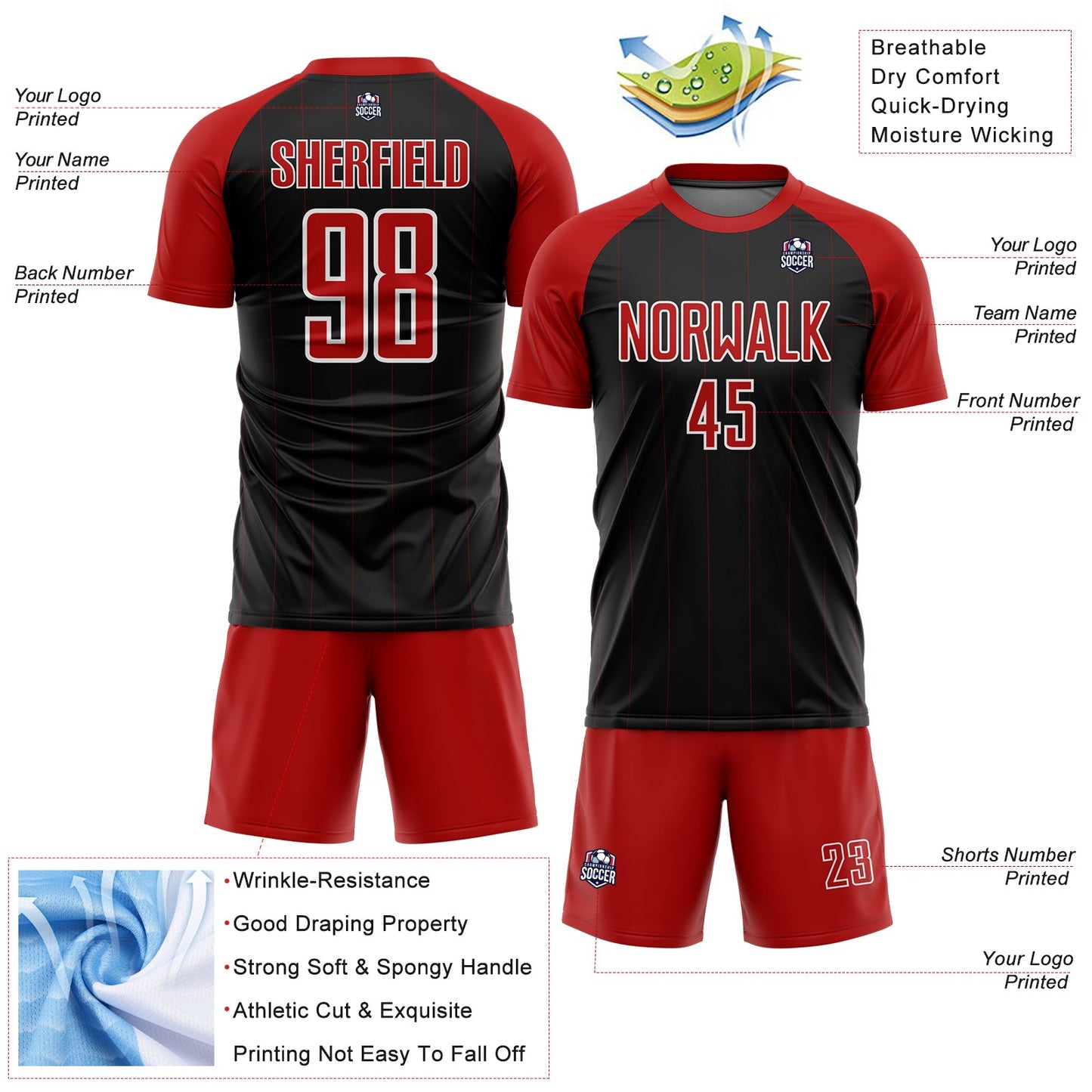 Custom Black Red-White Pinstripe Sublimation Soccer Uniform Jersey view 4