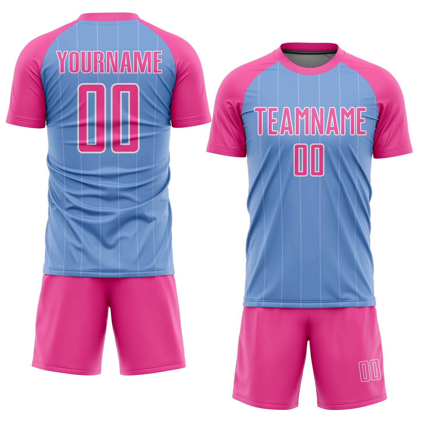 Custom Light Blue Pink-White Pinstripe Sublimation Soccer Uniform Jersey view 2