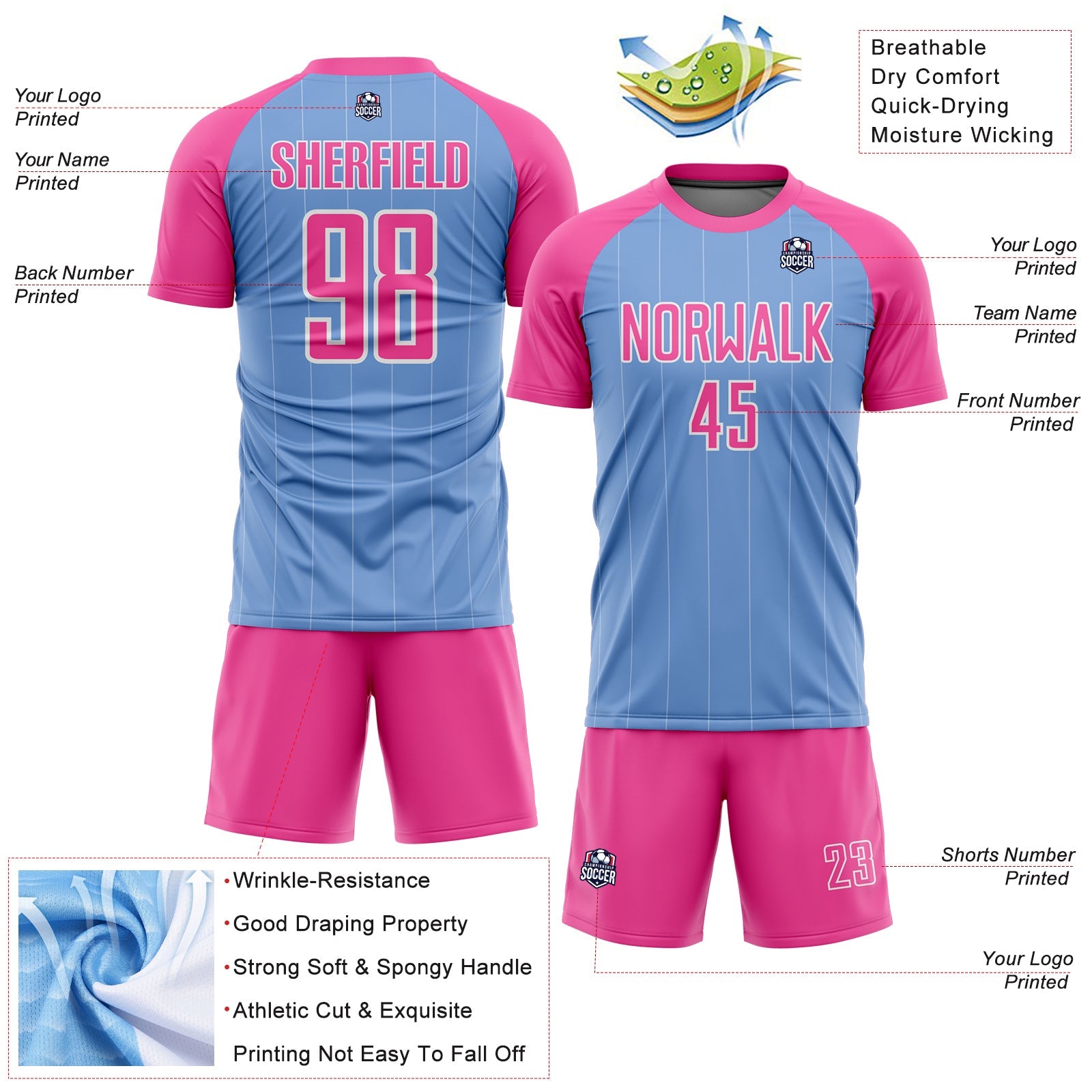 Custom Light Blue Pink-White Pinstripe Sublimation Soccer Uniform Jersey view 4
