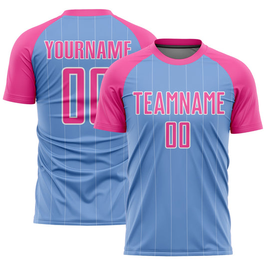 Custom Light Blue Pink-White Pinstripe Sublimation Soccer Uniform Jersey - Main View