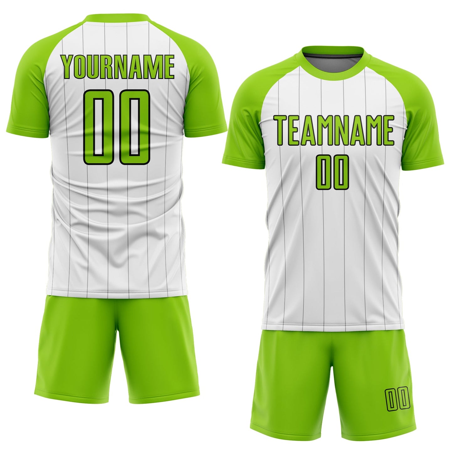 Custom White Neon Green-Black Pinstripe Sublimation Soccer Uniform Jersey view 2