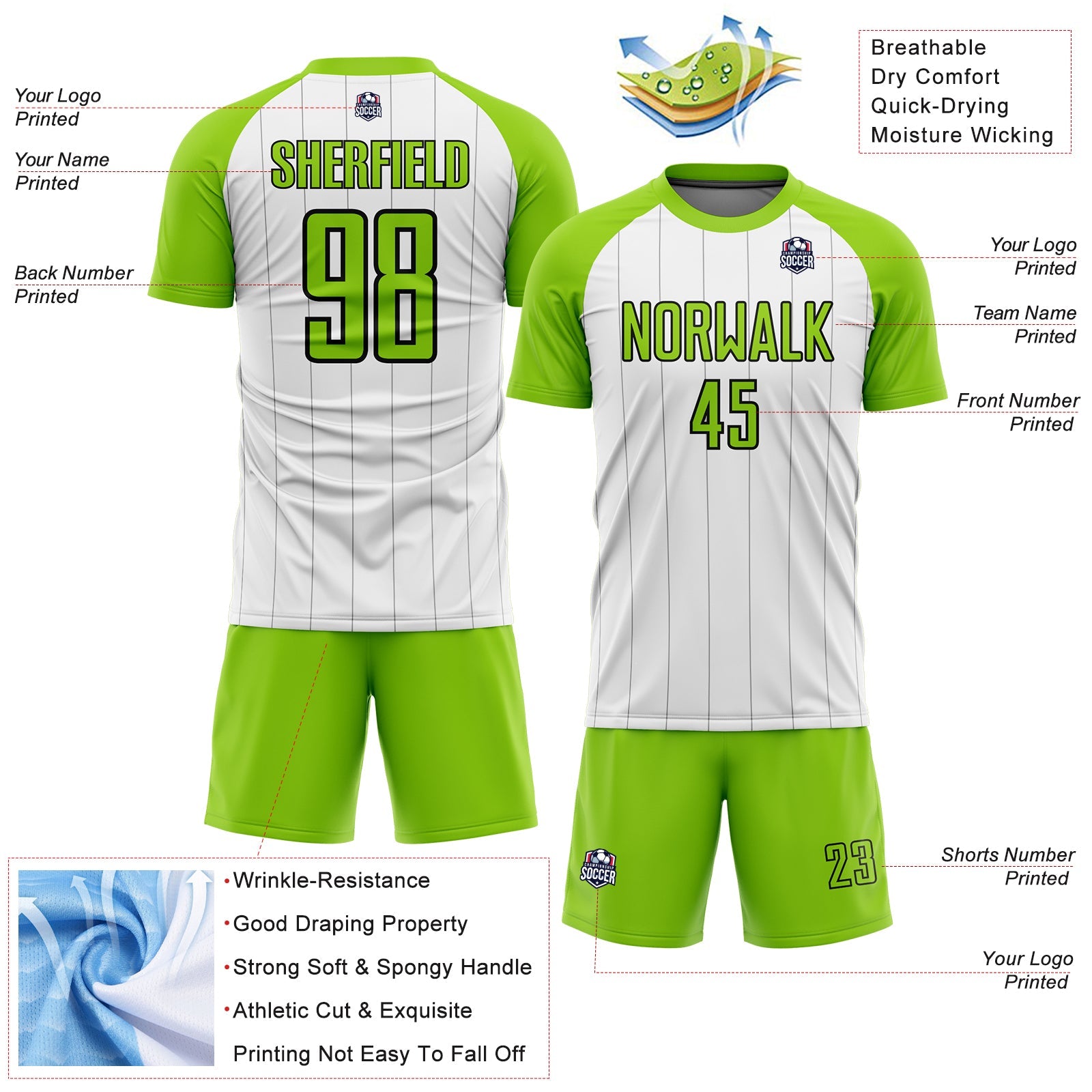 Custom White Neon Green-Black Pinstripe Sublimation Soccer Uniform Jersey view 4
