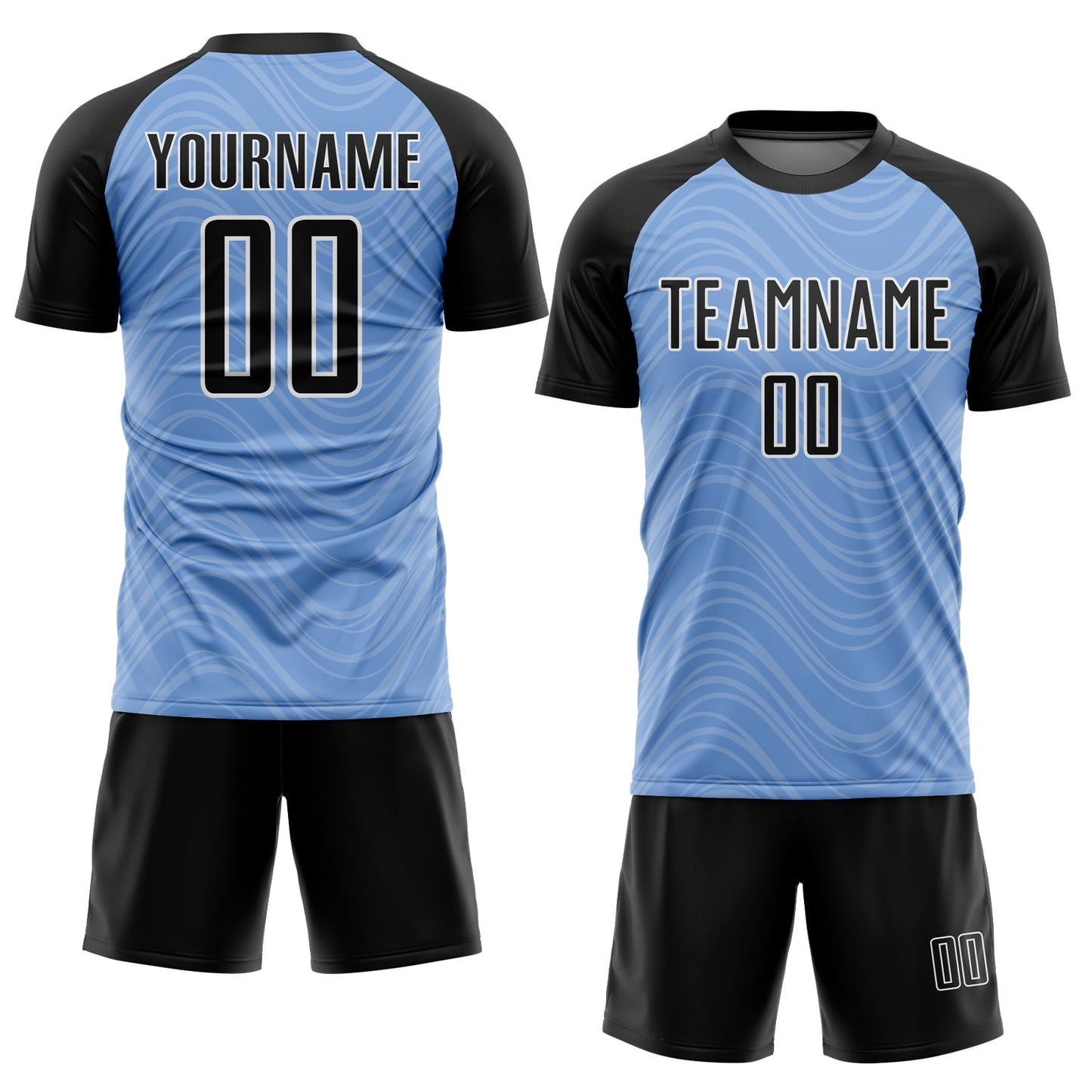 Custom Light Blue Black-White Wavy Lines Sublimation Soccer Uniform Jersey view 2