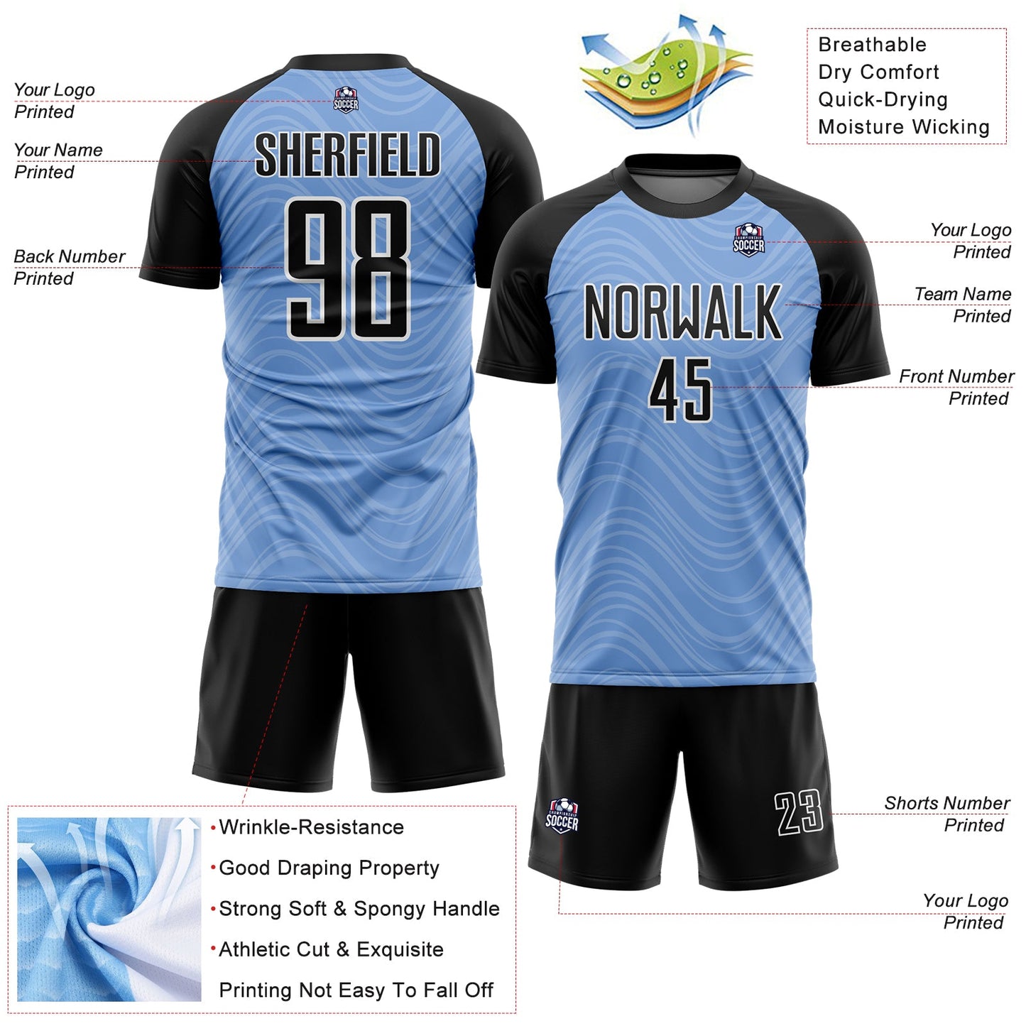 Custom Light Blue Black-White Wavy Lines Sublimation Soccer Uniform Jersey view 4