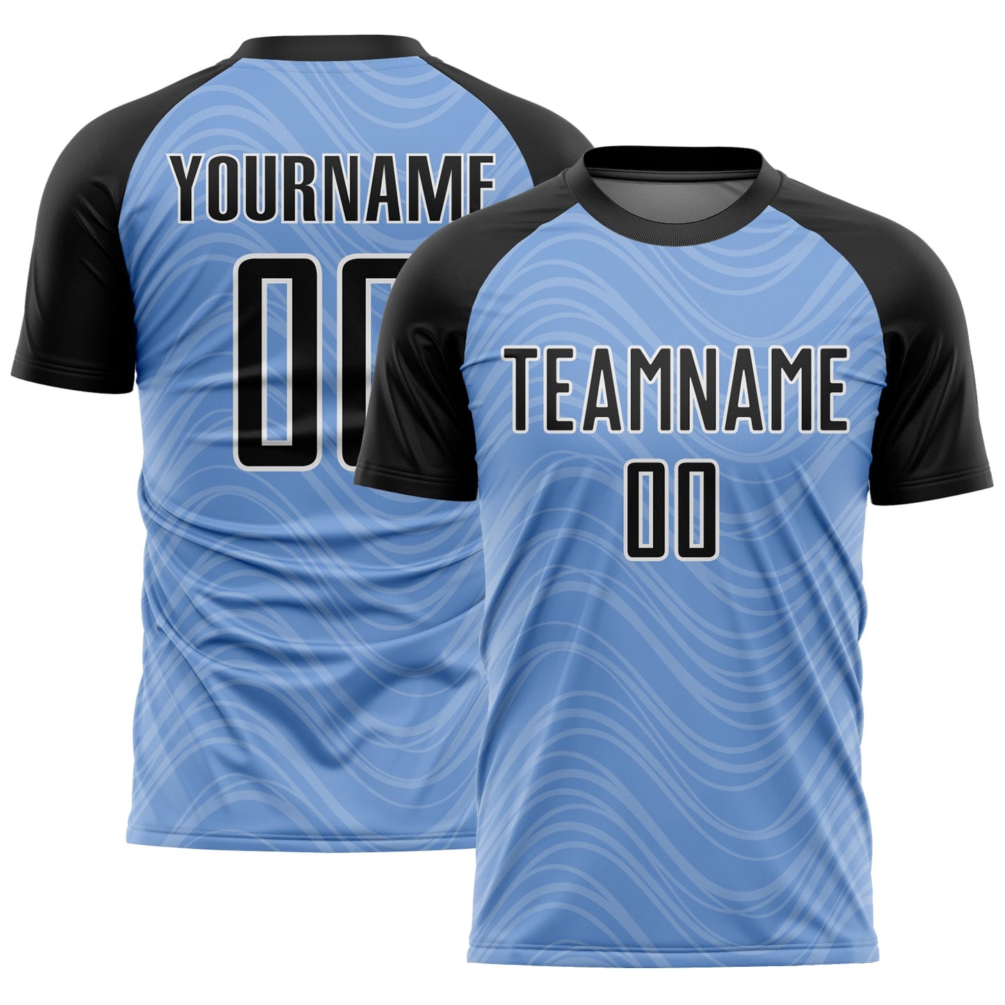 Custom Light Blue Black-White Wavy Lines Sublimation Soccer Uniform Jersey - Main View