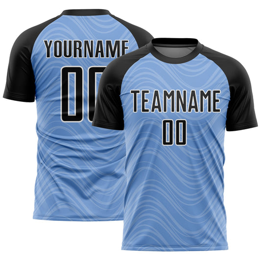 Custom Light Blue Black-White Wavy Lines Sublimation Soccer Uniform Jersey - Main View